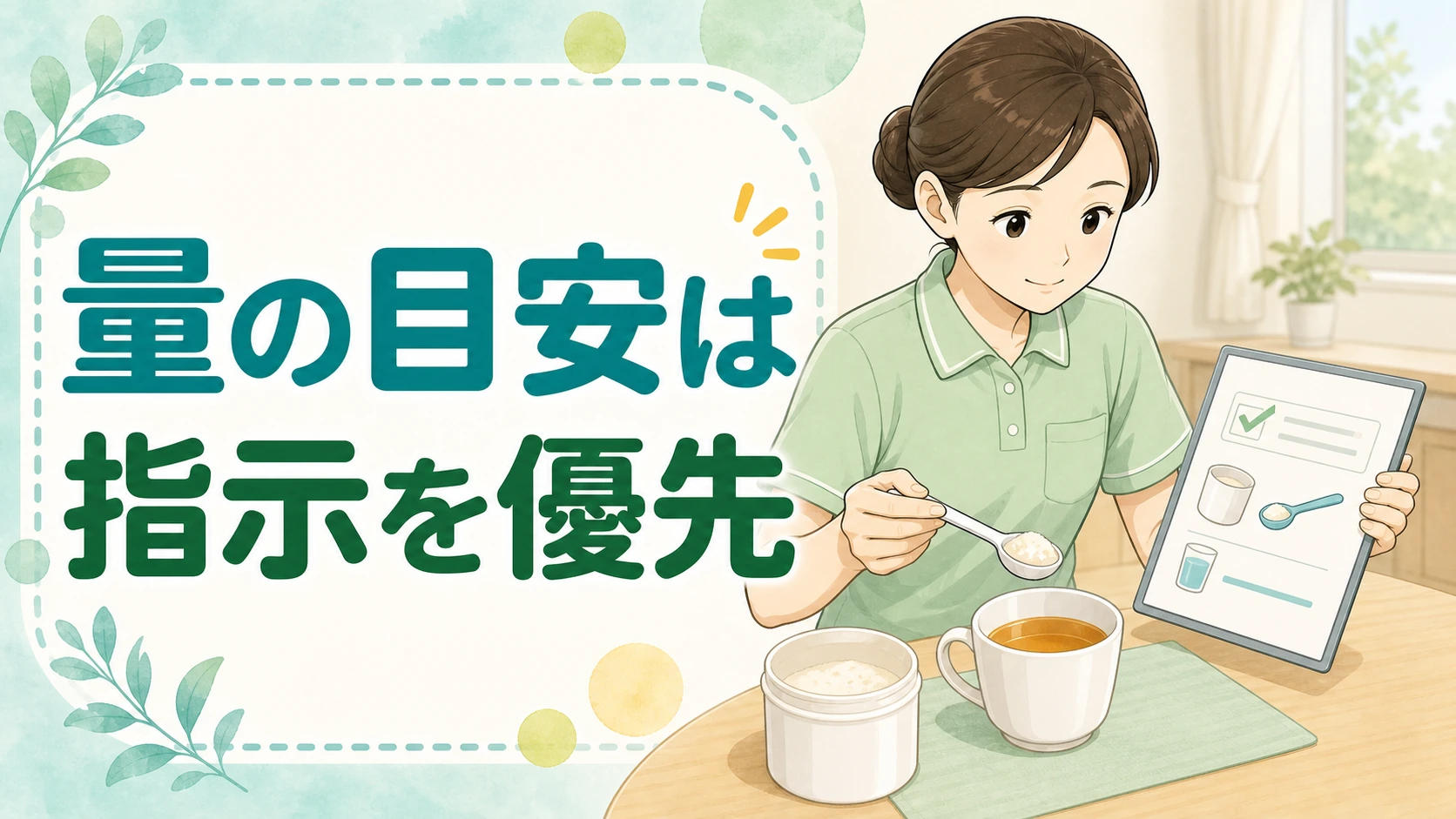 とろみ剤の量は製品表示と専門職の指示を優先することを示すイラスト