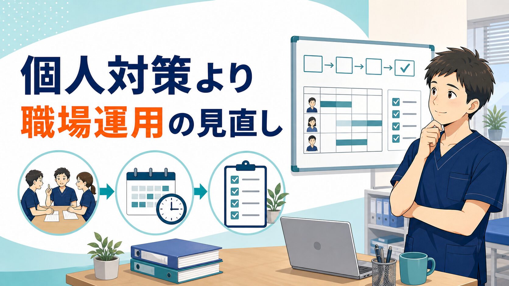 個人対策より職場運用の見直しが大切なことを示すイラスト