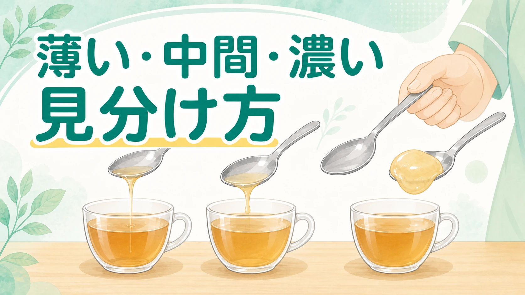 薄い・中間・濃いとろみの見分け方を示すスプーンと飲み物のイラスト