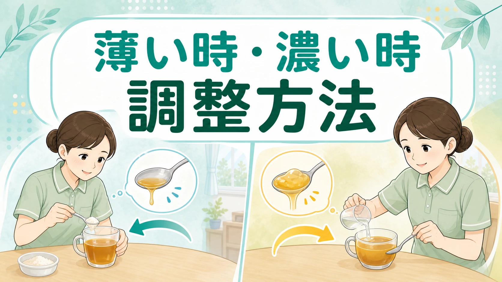とろみが薄い時と濃い時の調整方法を示す介護職向けイラスト