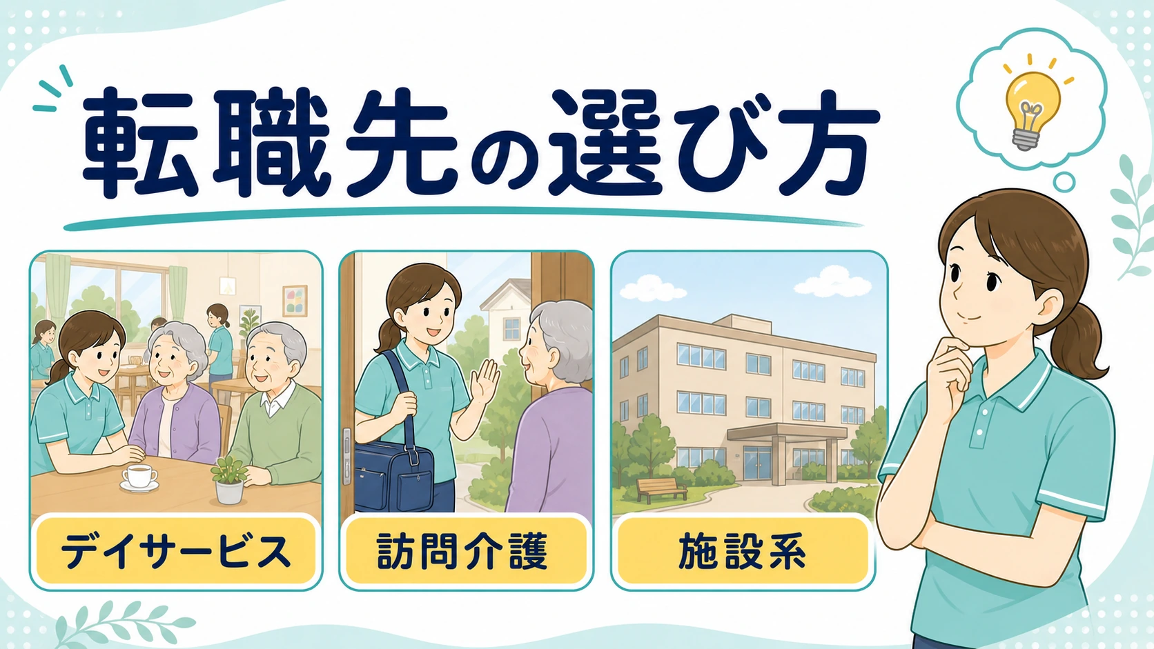 訪問入浴からデイサービス・訪問介護・施設系へ転職先を選ぶイラスト