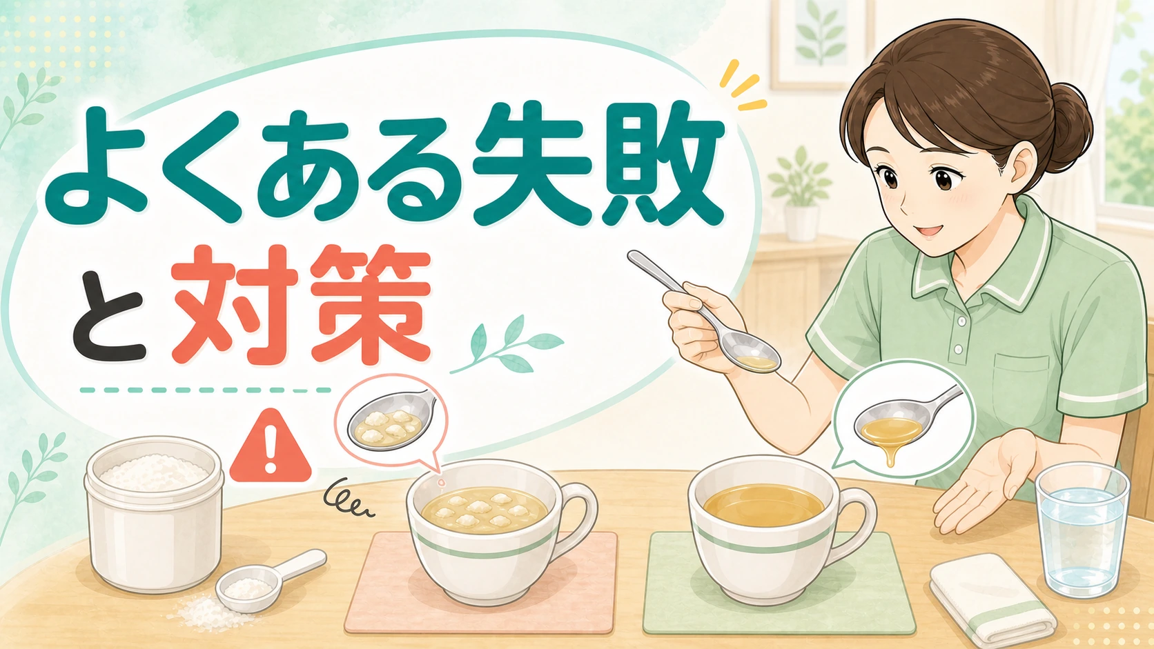 とろみ剤のダマや濃さの失敗と対策を示すイラスト