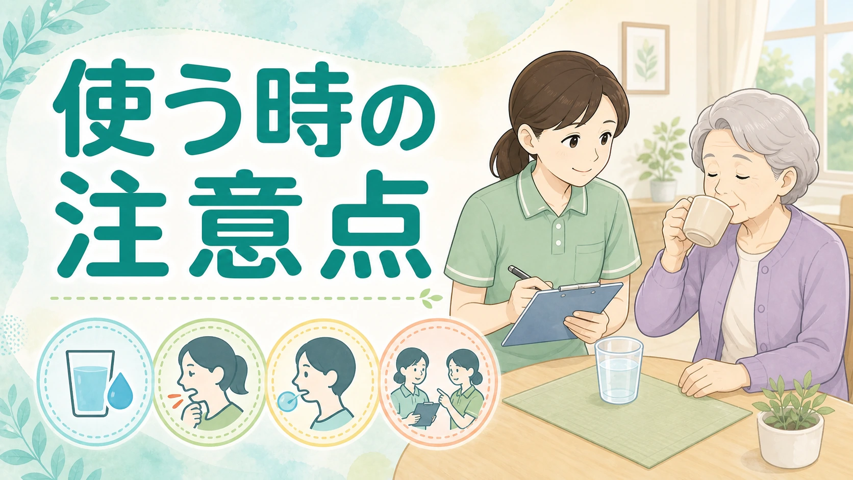 とろみ剤を使う時の注意点を観察する介護職と高齢者のイラスト