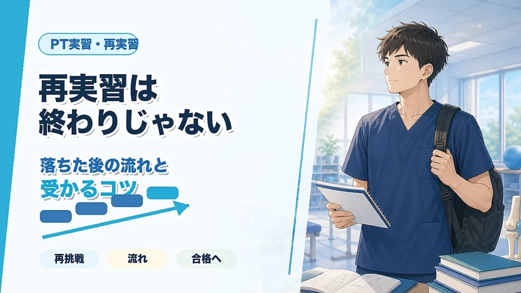 理学療法士の再実習は終わりじゃない、落ちた後の流れと受かるコツを示すアイキャッチ画像