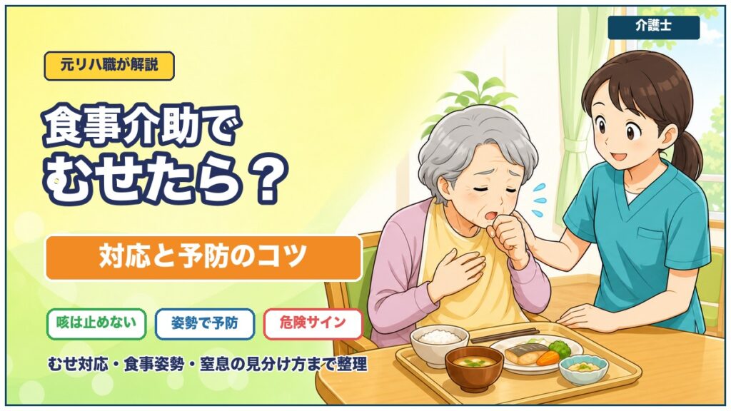 食事介助でむせたらどうするかを介護士向けに解説する記事のアイキャッチ画像