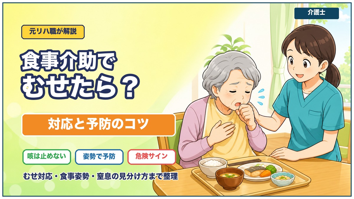 食事介助でむせたらどうするかを介護士向けに解説する記事のアイキャッチ画像