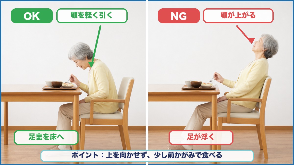 食事中のOK姿勢とNG姿勢を写真風に比較し、顎を軽く引くことと足裏を床につけることを示した図解