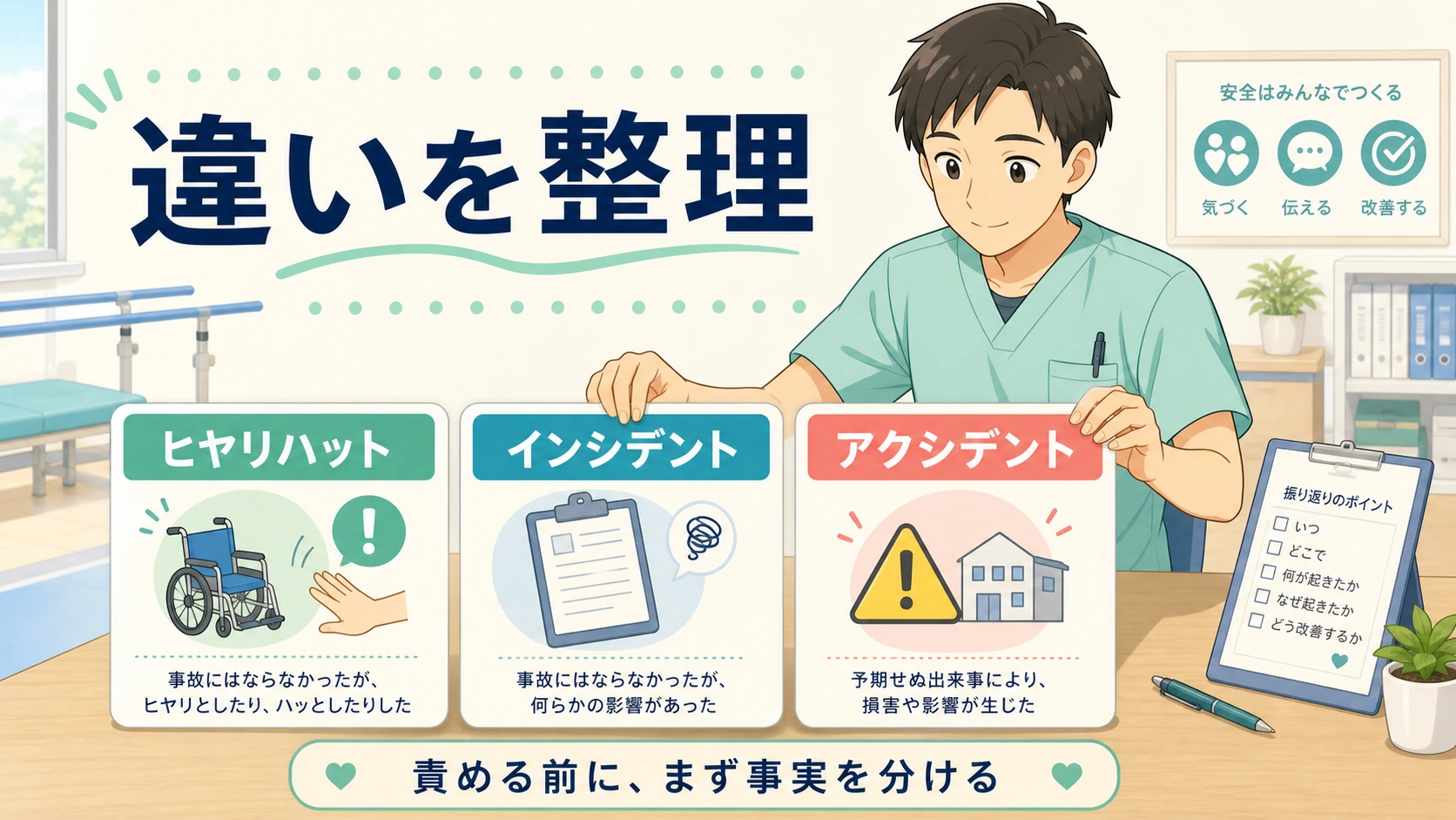 インシデントとアクシデントとヒヤリハットの違いを整理するリハビリ職