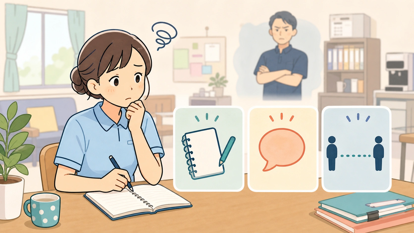 怖い上司への対処法を整理する介護職のイラスト
