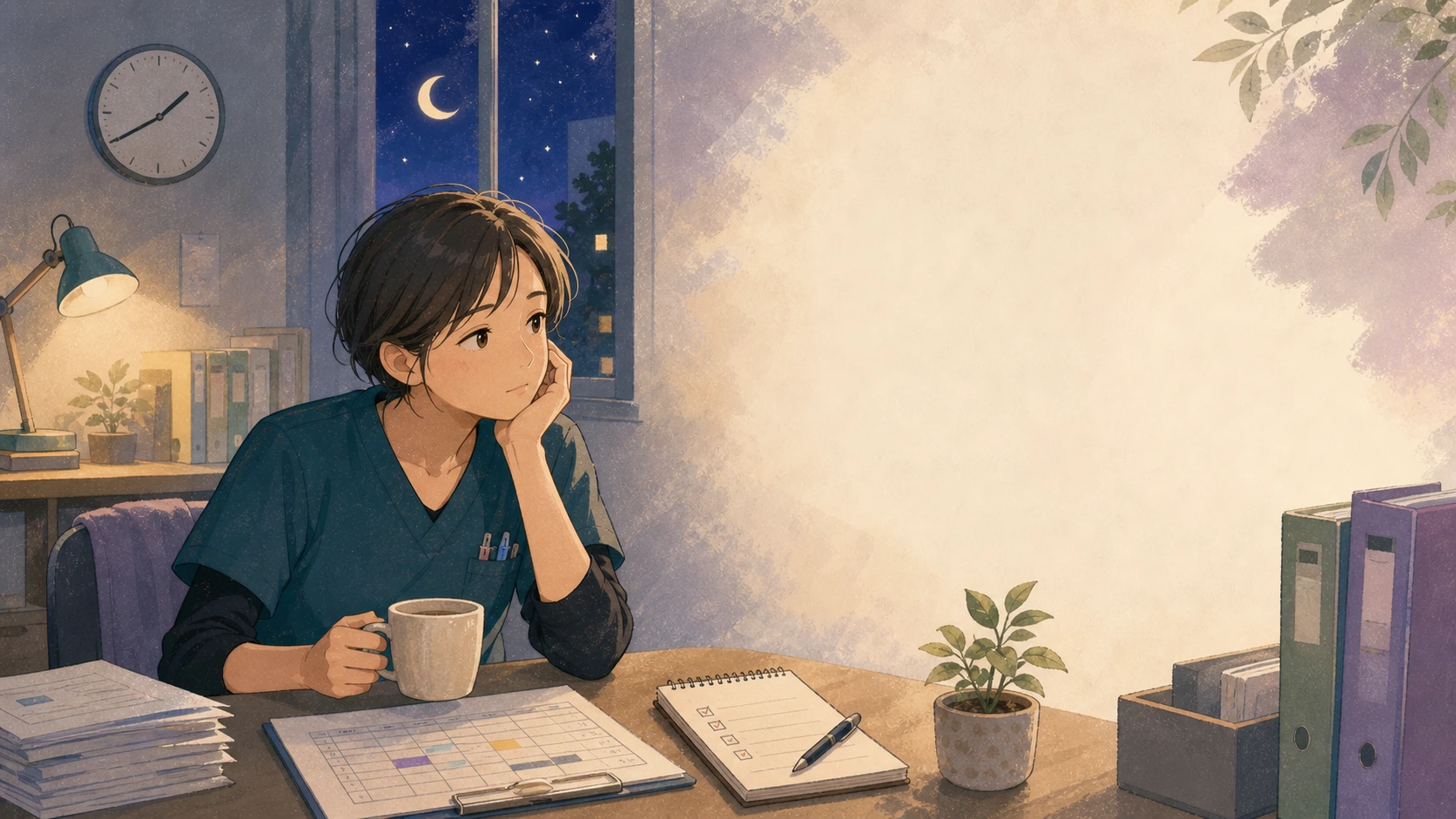 夜勤に行きたくない気持ちを整理する介護職のイラスト