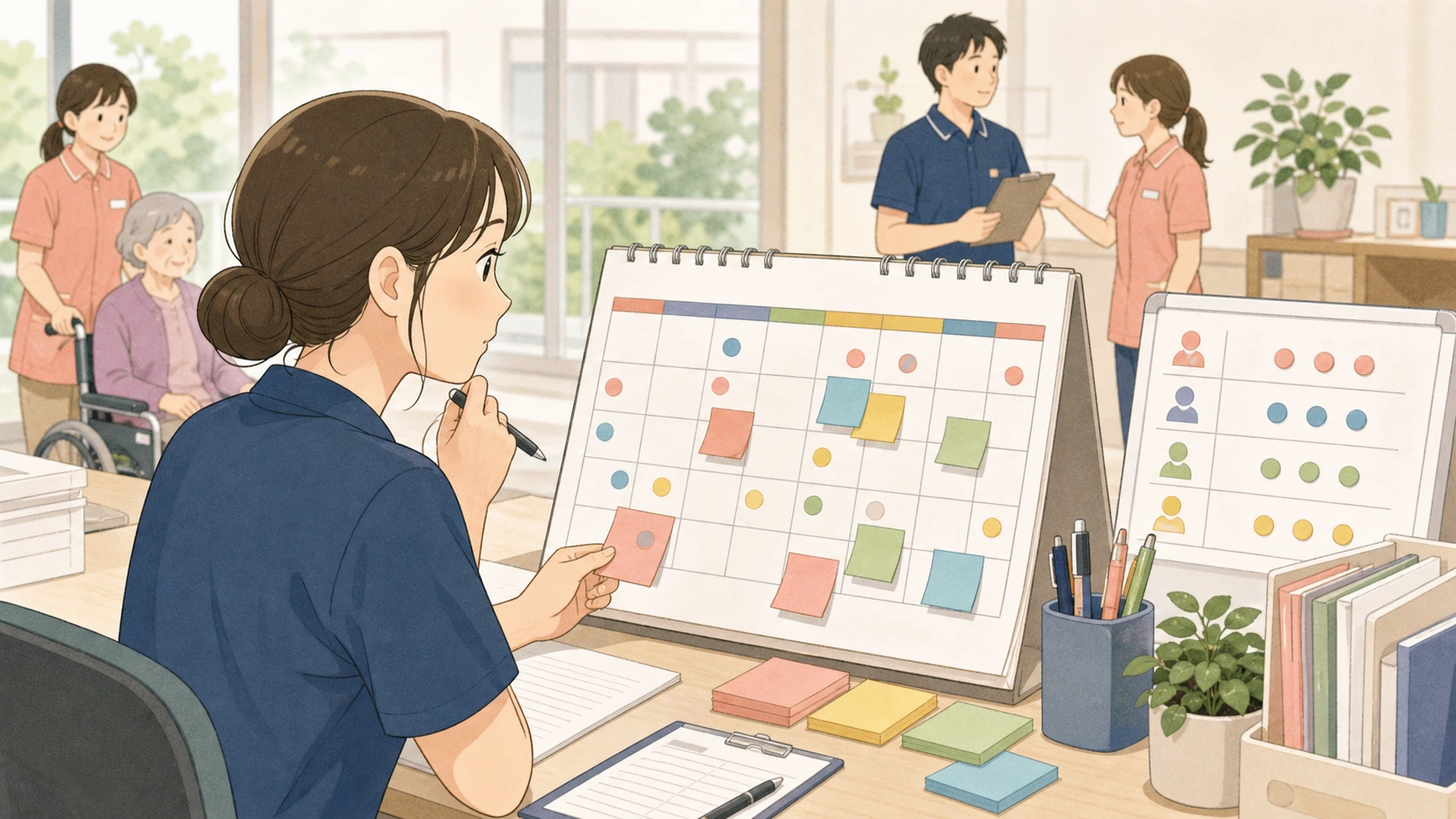 介護職のシフト希望が重なる理由を整理するイラスト