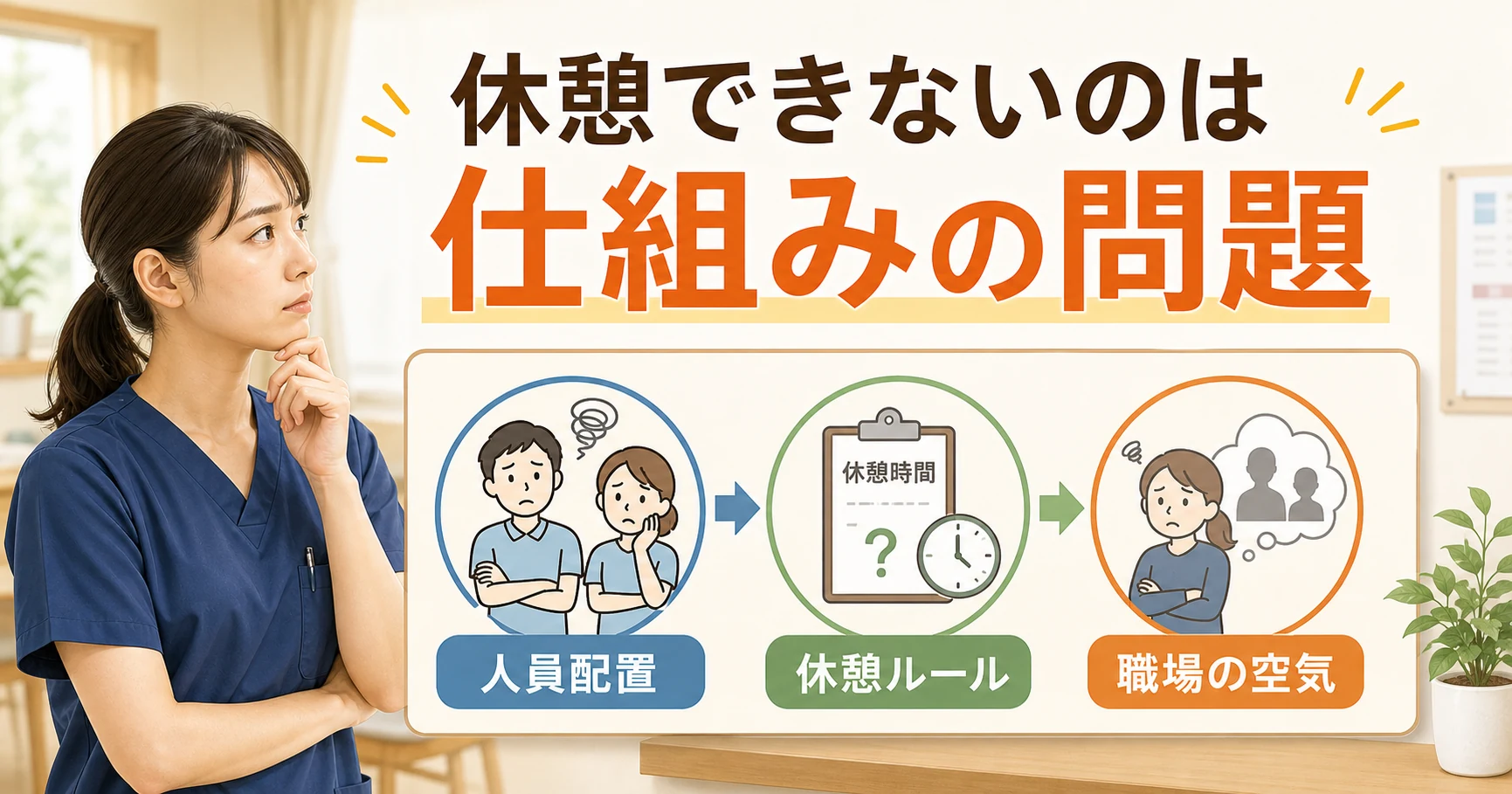 介護職で休憩が取れない原因は職場の仕組みにあることを示すイラスト