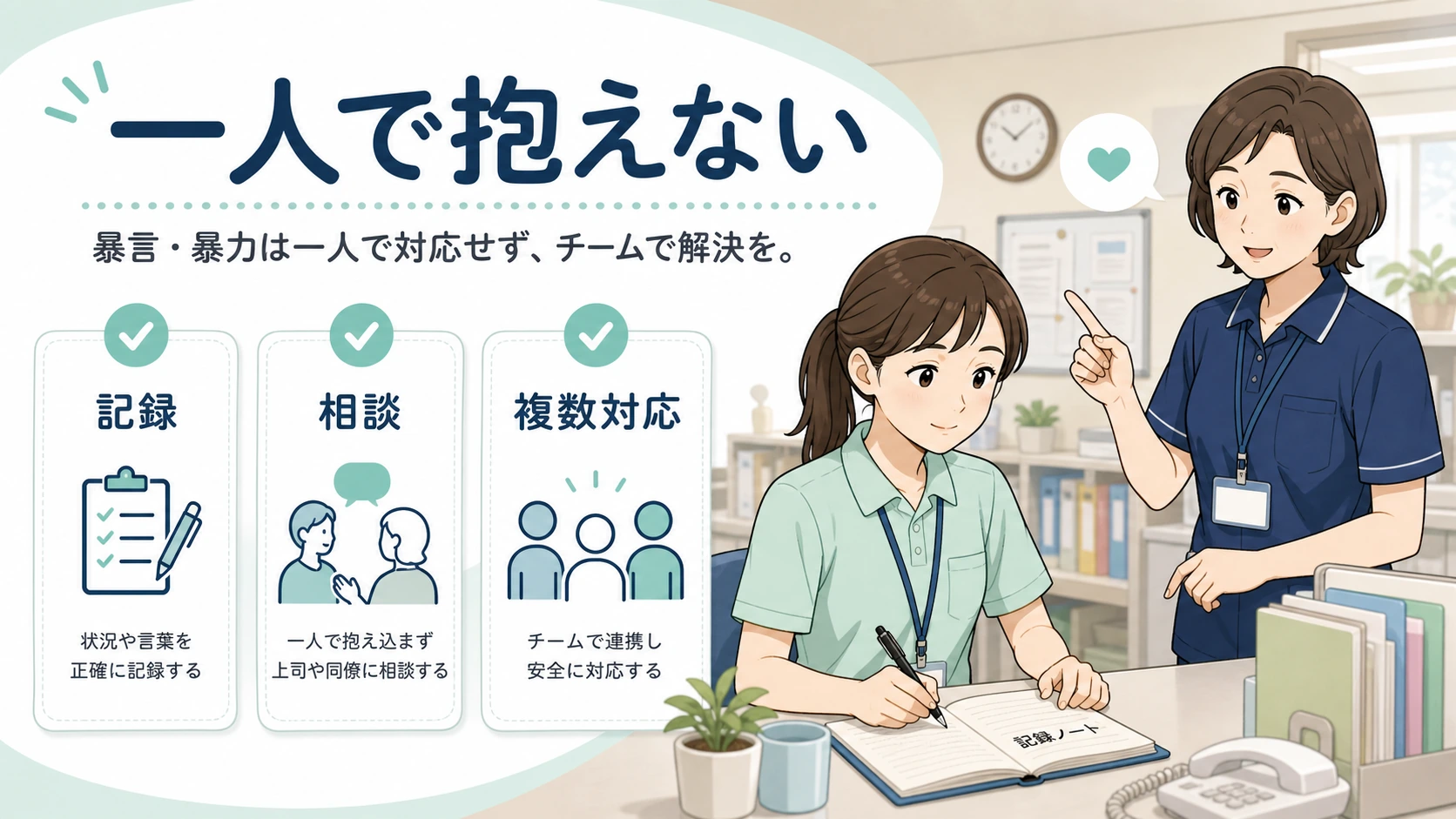 利用者の暴言でつらい介護職が一人で抱えないことを示すイラスト