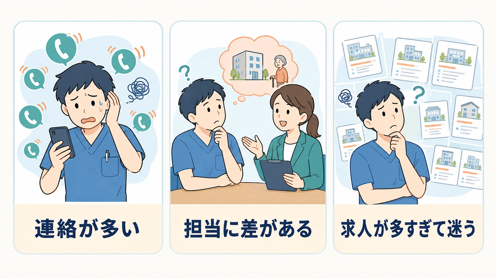 PTOTSTワーカーの悪い口コミの3つの傾向を示すイラスト