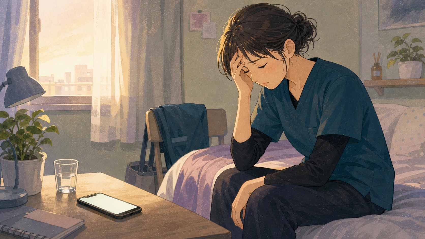 夜勤前後の限界サインに気づく介護職のイラスト