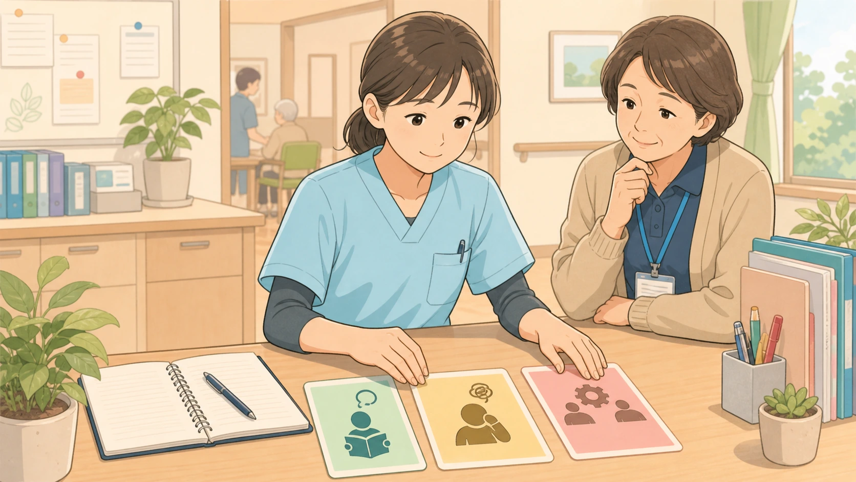 介護職のミスを知識不足疲労職場の仕組みに分けるイラスト