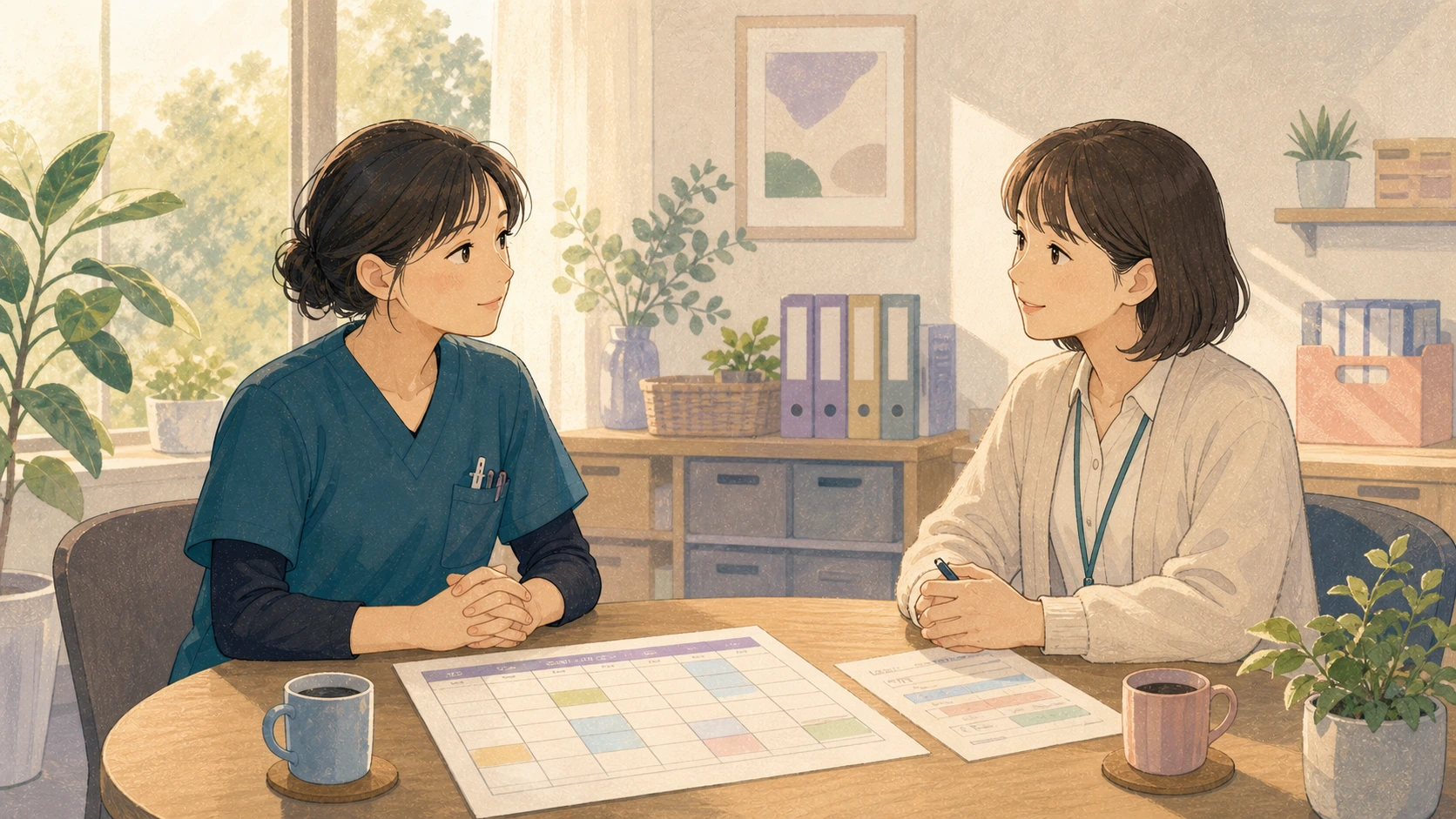 夜勤回数や勤務パターンについて上司へ相談する介護職のイラスト