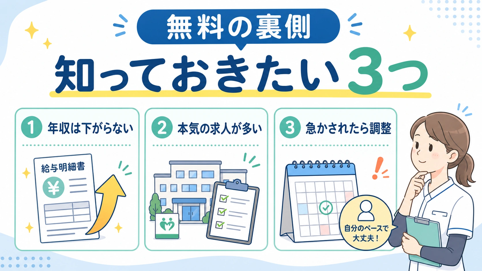 無料の裏側として年収は下がらない本気の求人が多い急かされたら調整できることを示す図解
