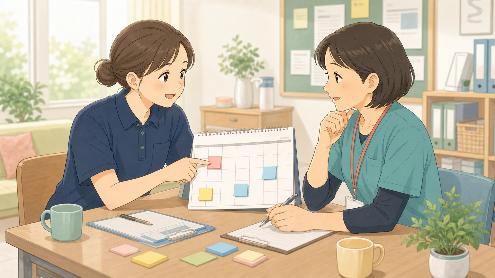 シフト希望について上司へ相談する介護職のイラスト