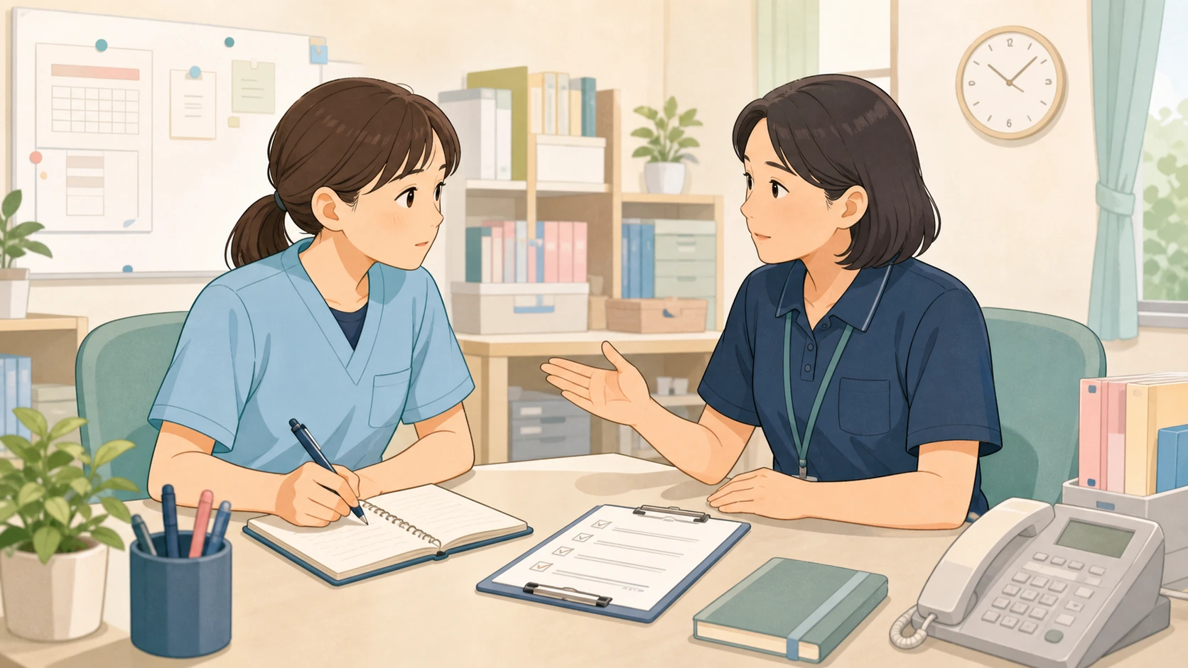 介護職のインシデント後に事実をメモして報告するイラスト