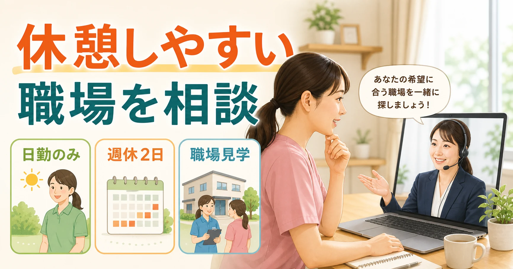 レバウェル介護に休憩しやすい職場条件を相談するイラスト