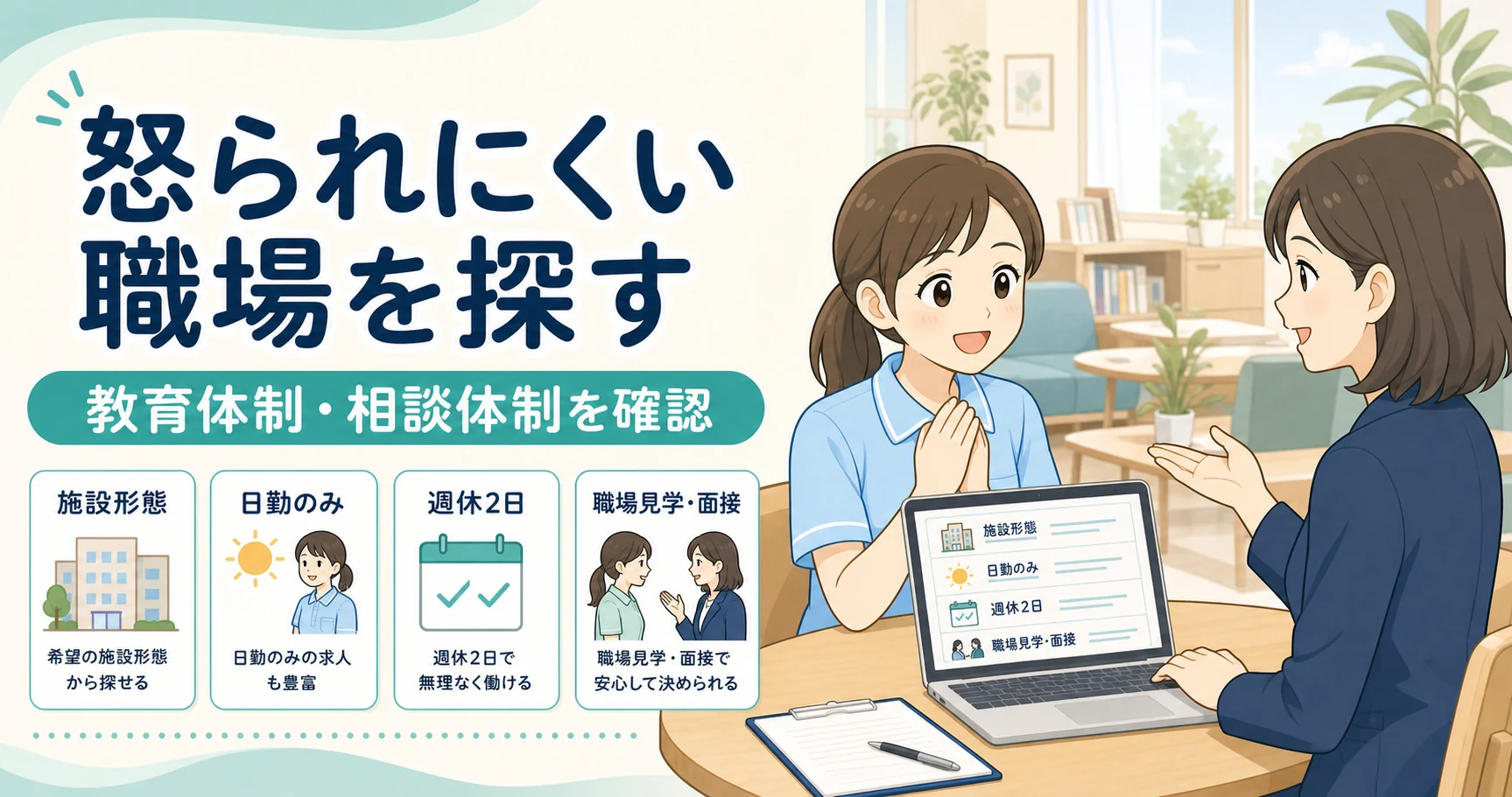 レバウェル介護で怖い上司に悩みにくい職場条件を相談するイラスト