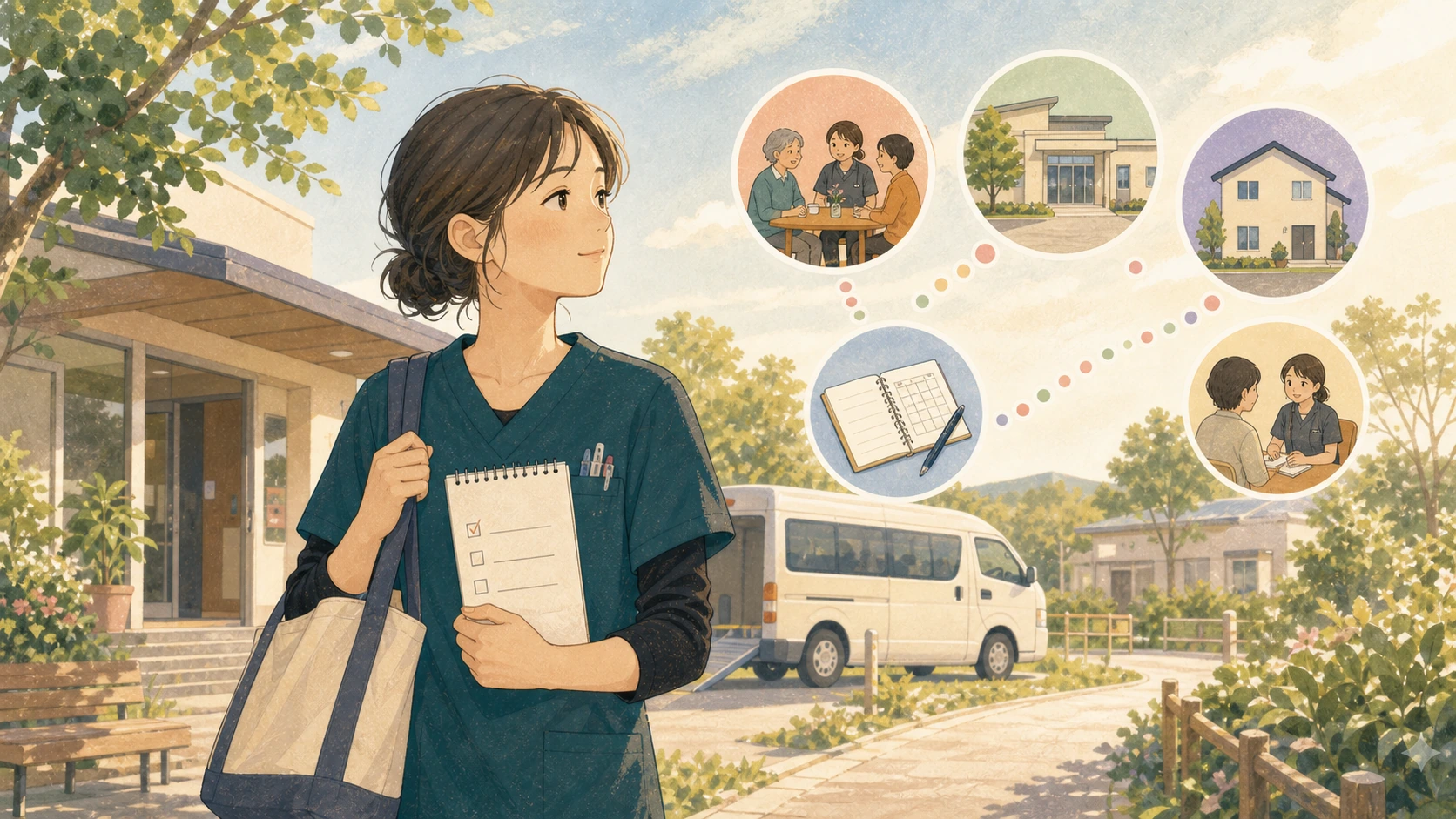 夜勤なしで働ける介護職の職場を考えるイラスト