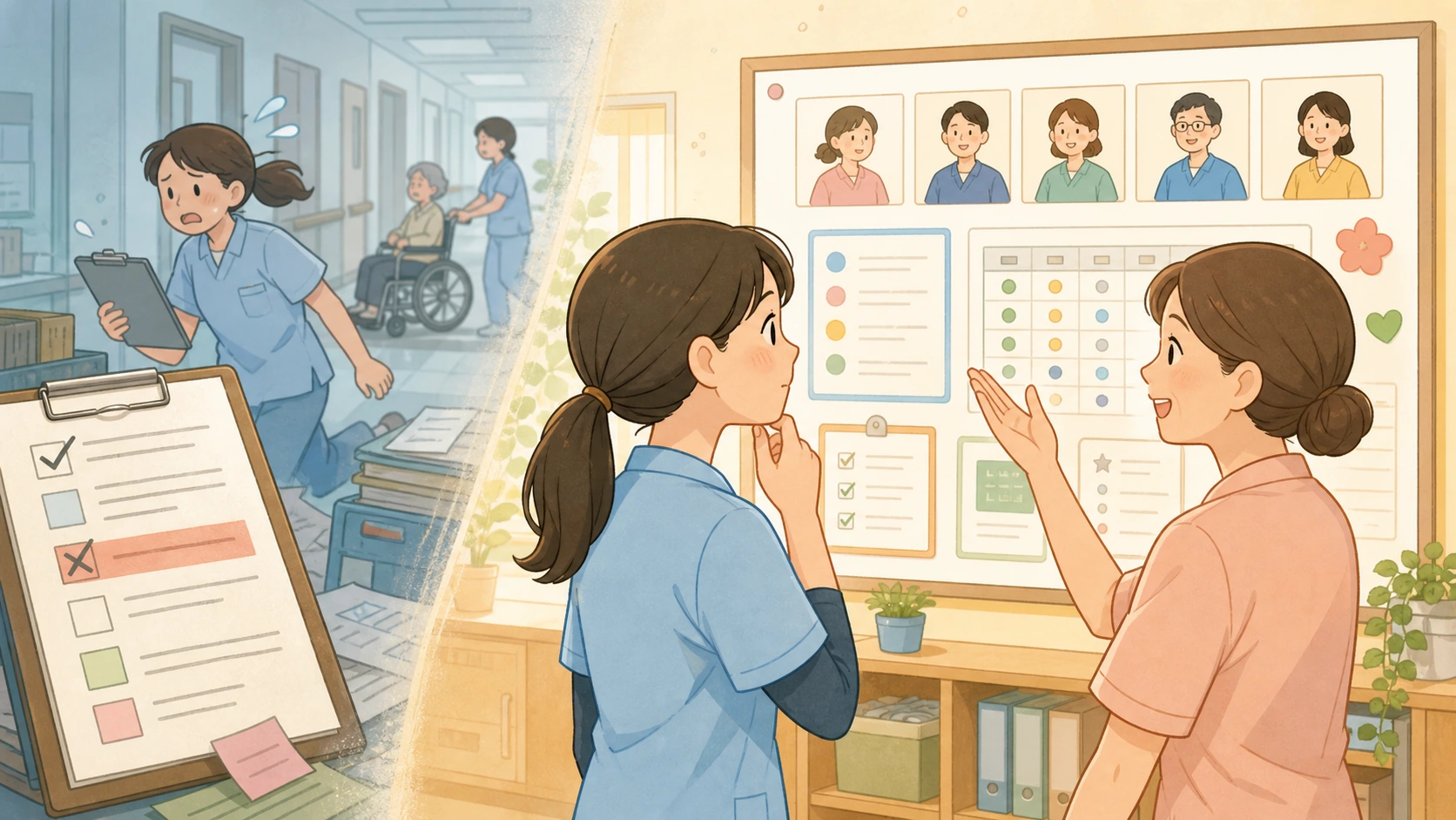 ミスが減らない職場環境を見直す介護職向けイラスト