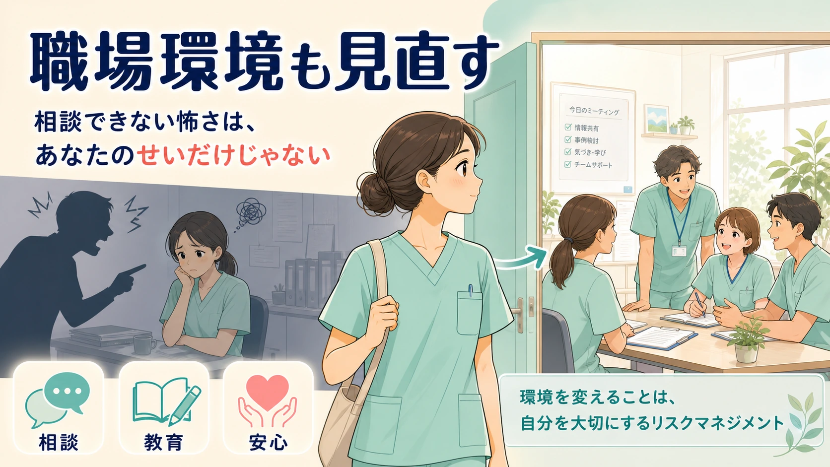 相談できない職場環境を見直すリハビリ職のイメージ