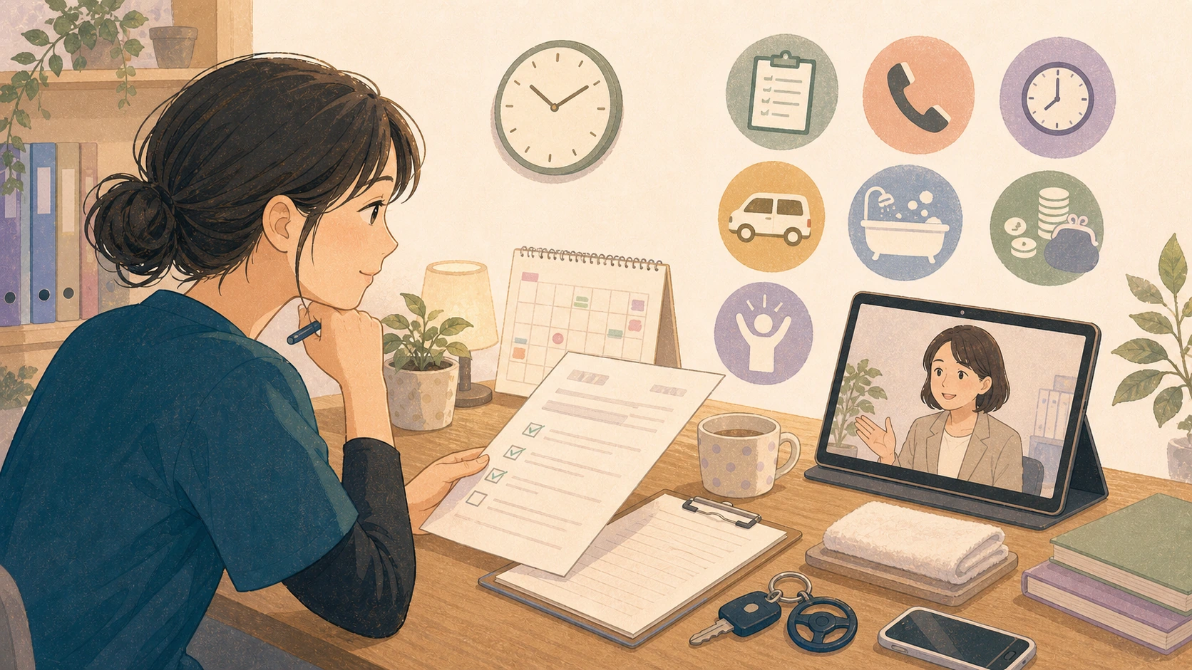 夜勤なし転職の条件を確認する介護職のイラスト
