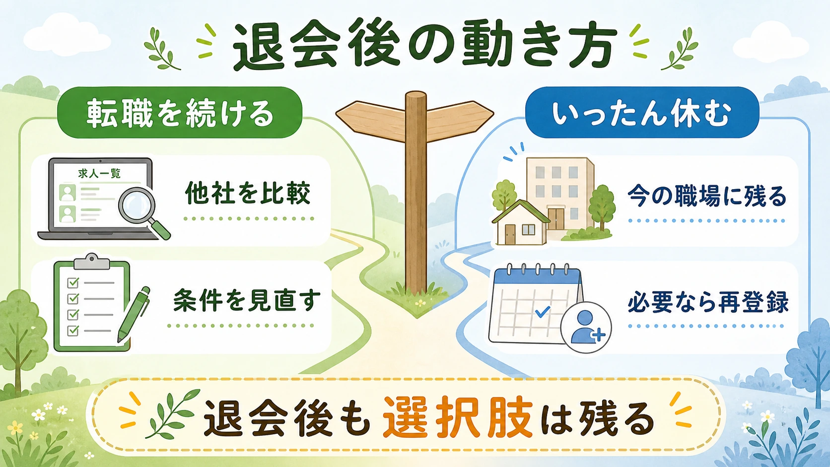 退会後に転職を続ける人といったん休む人の動き方を2つの道で示す図解