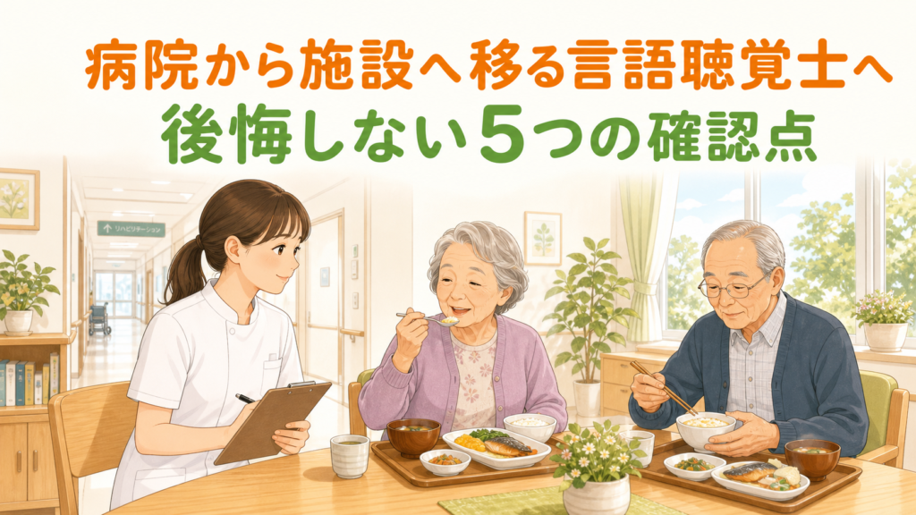 病院から施設へ転職する言語聴覚士が食事場面で高齢者を支える様子