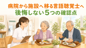 病院から施設へ転職する言語聴覚士が食事場面で高齢者を支える様子