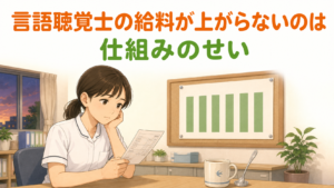 夕方のスタッフ室で給与明細を見つめる言語聴覚士