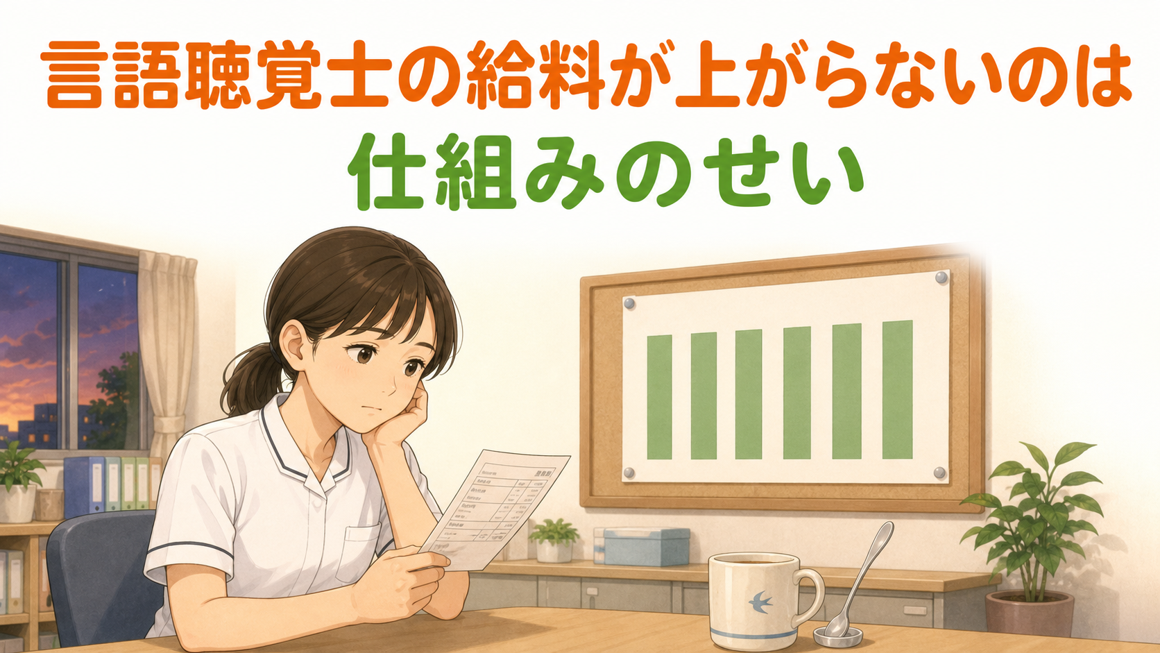 夕方のスタッフ室で給与明細を見つめる言語聴覚士