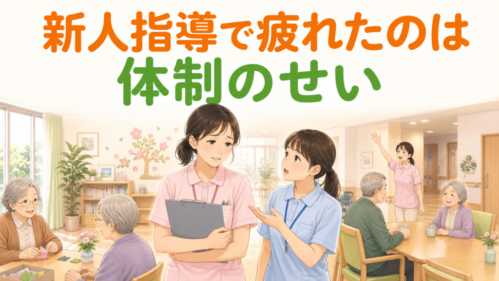 介護施設のフロアで新人から質問を受ける指導担当の介護職員