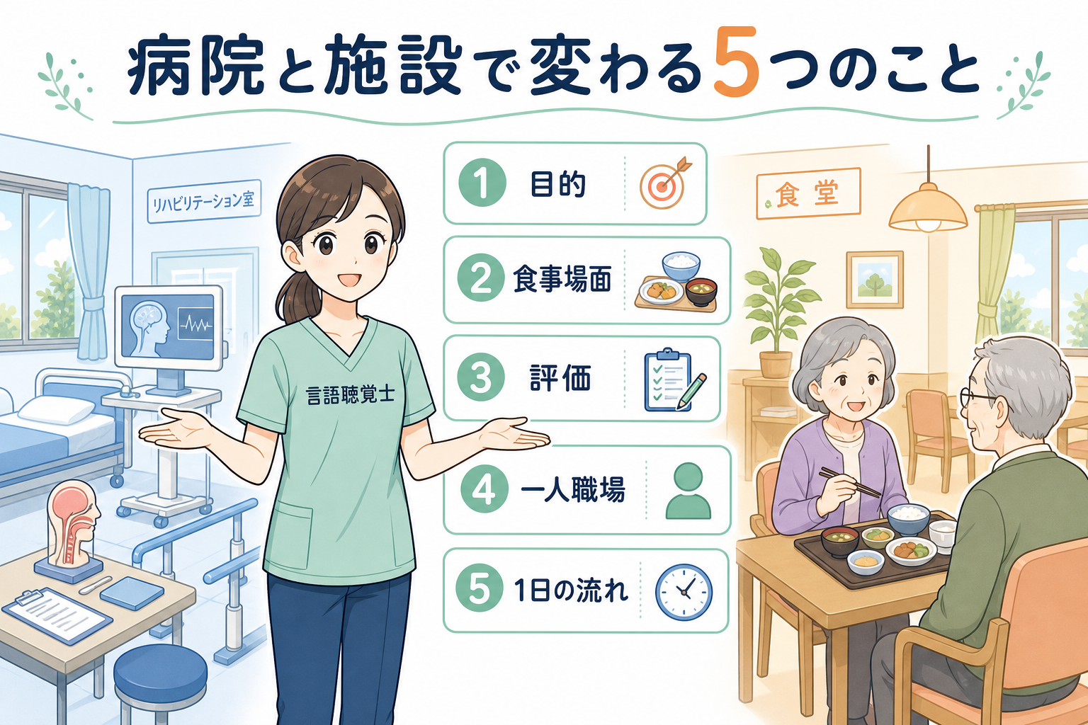 病院と施設で言語聴覚士の仕事が変わる5つのポイントの比較図