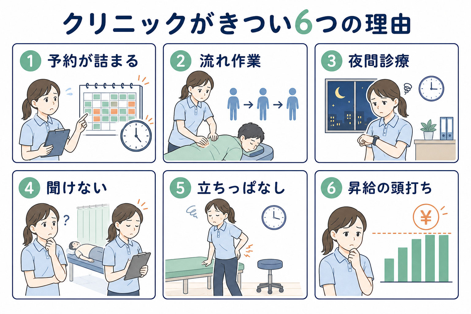 理学療法士がクリニックをきついと感じる6つの理由をまとめた図