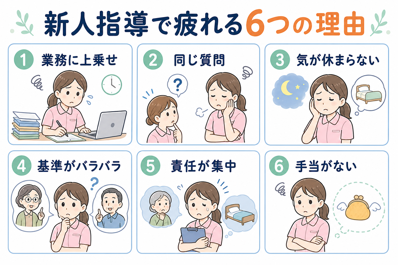 介護職が新人指導で疲れる6つの理由をまとめた図
