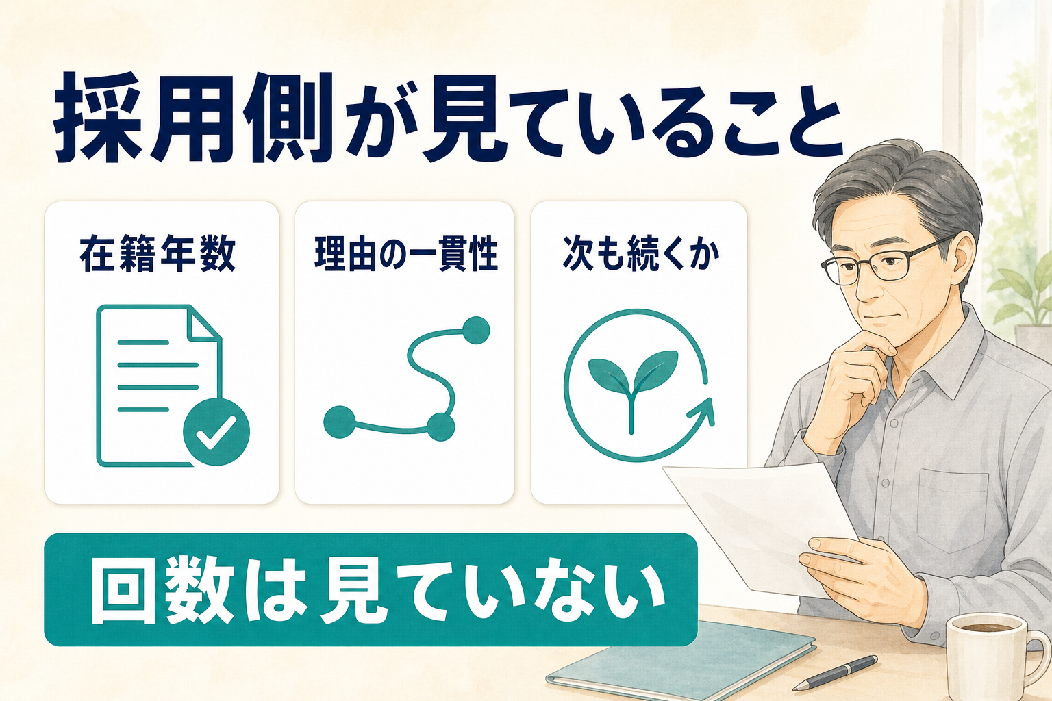 採用する側が見ている3つ(在籍年数・理由の一貫性・次も続くか)を整理した図解