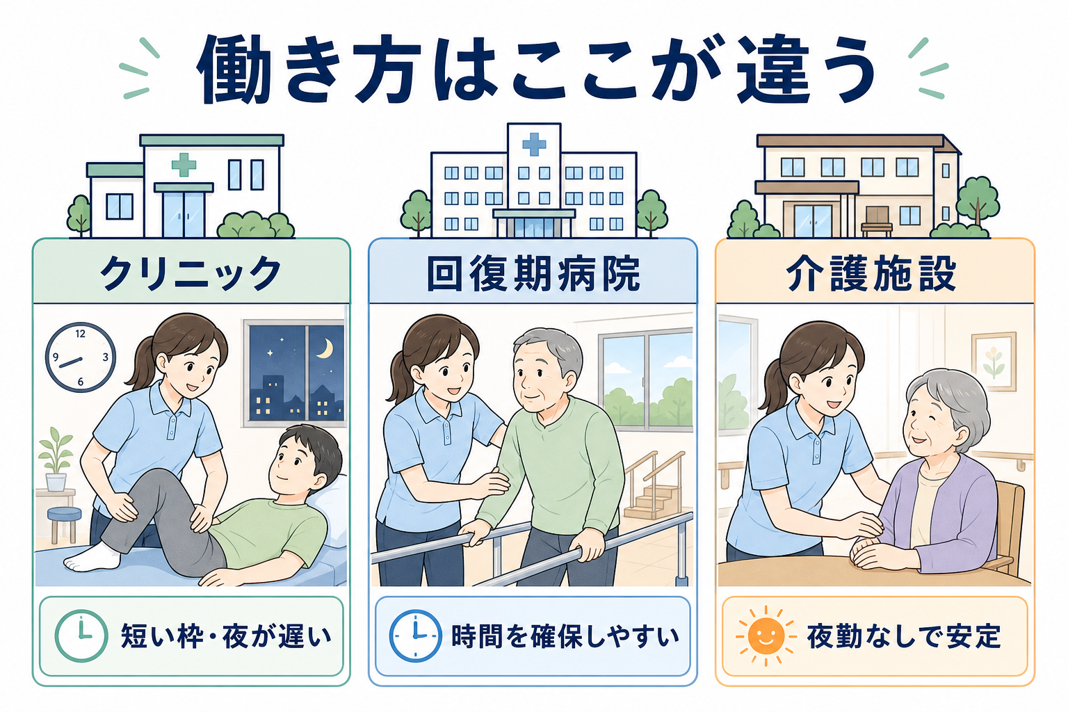 クリニック・回復期病院・介護施設で理学療法士の働き方を比較した図