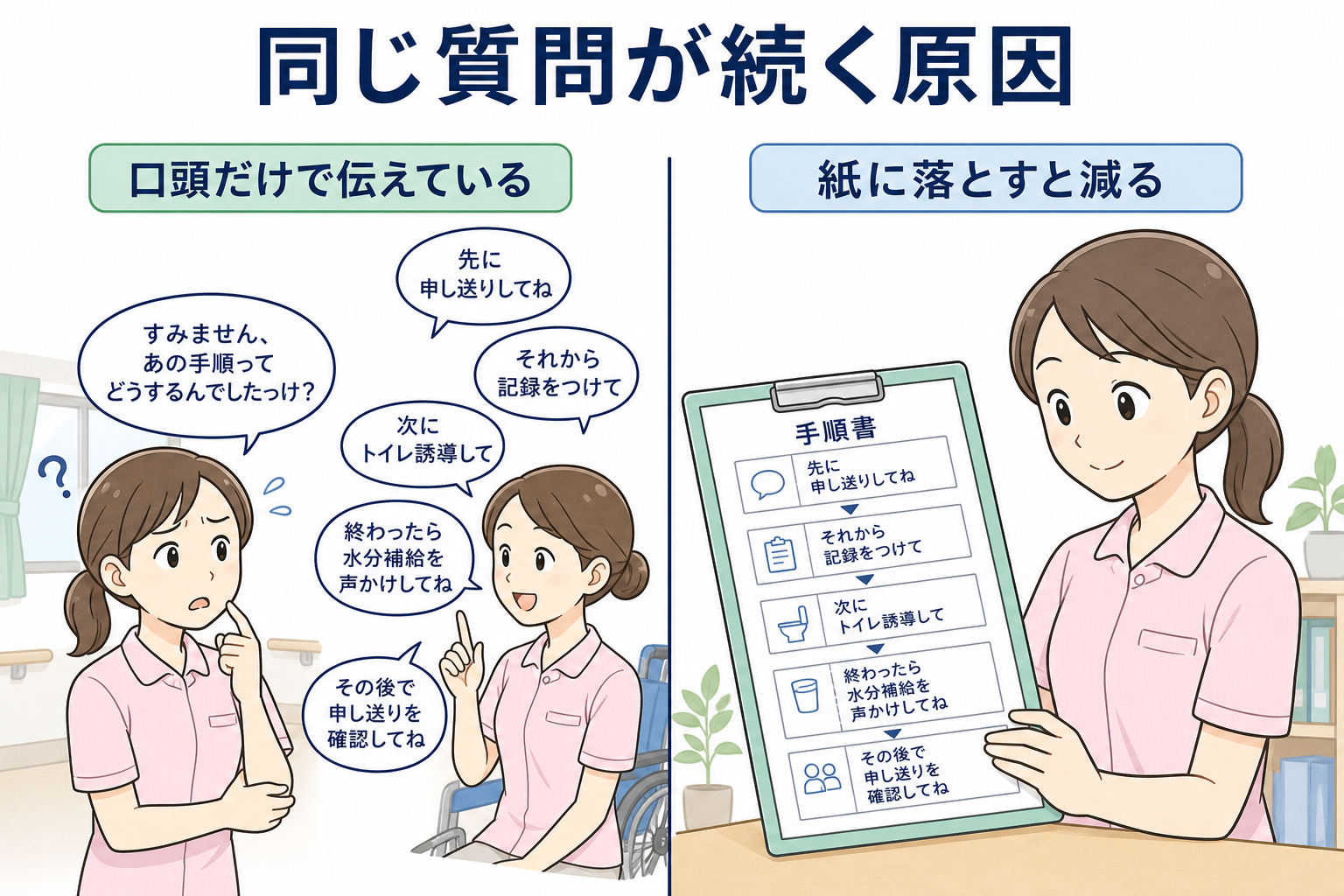 新人から同じ質問が繰り返される原因と3つの対策の図