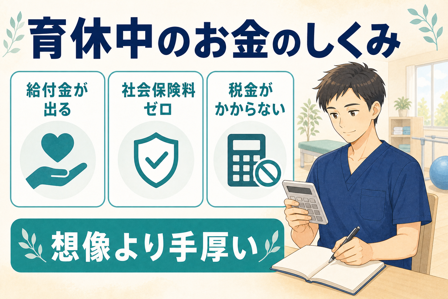 育休中のお金のしくみ(給付金・社会保険料免除・非課税)を整理した図解