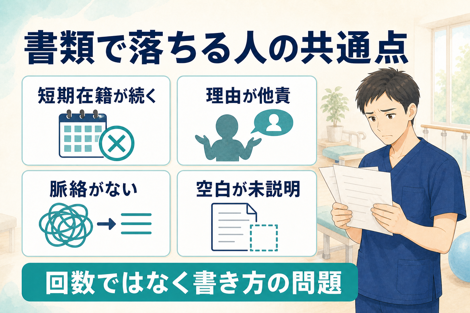 書類で落ちる人の共通点4つ(短期在籍が続く・理由が他責・脈絡がない・空白が未説明)の図解