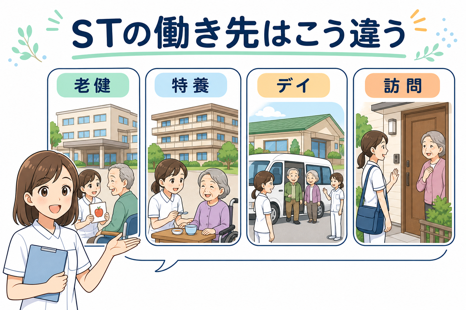 老健・特養・デイサービス・訪問リハビリで働く言語聴覚士の違い