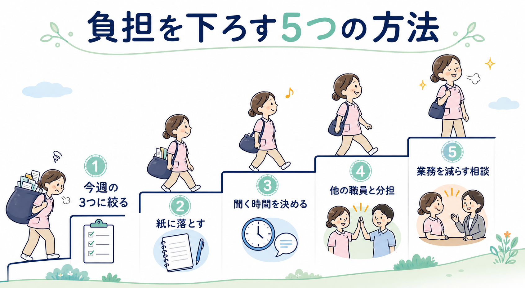 介護職が新人指導の負担を下ろす5つの方法のステップ