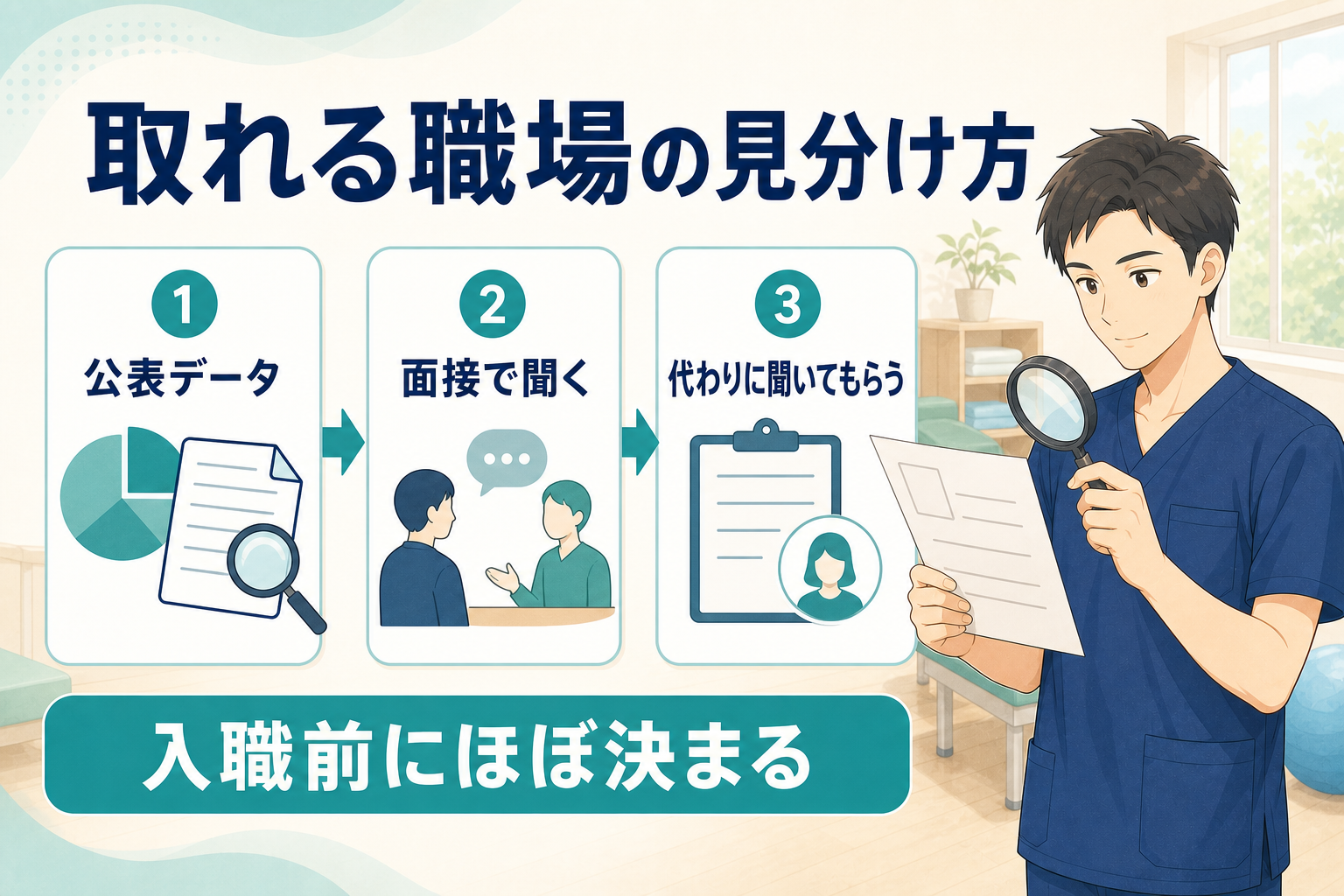 育休を取れる職場の見分け方3段階(公表データ・面接で聞く・代わりに聞いてもらう)の図解