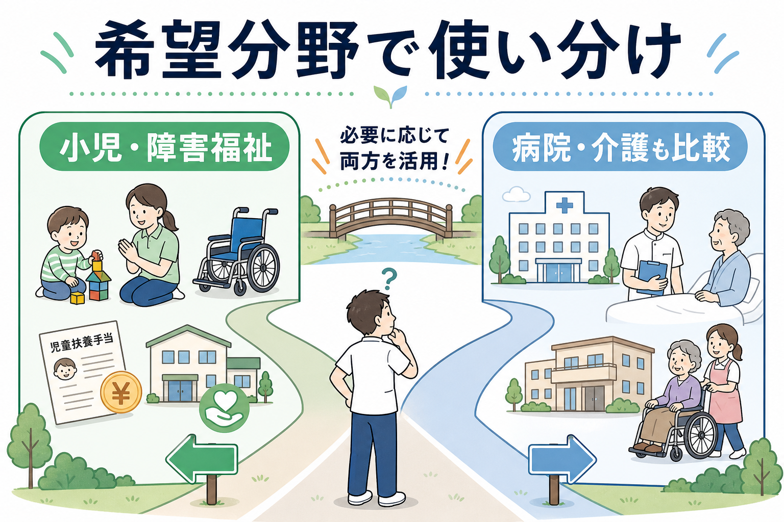 小児・障害福祉と病院・介護の求人を希望分野で使い分ける