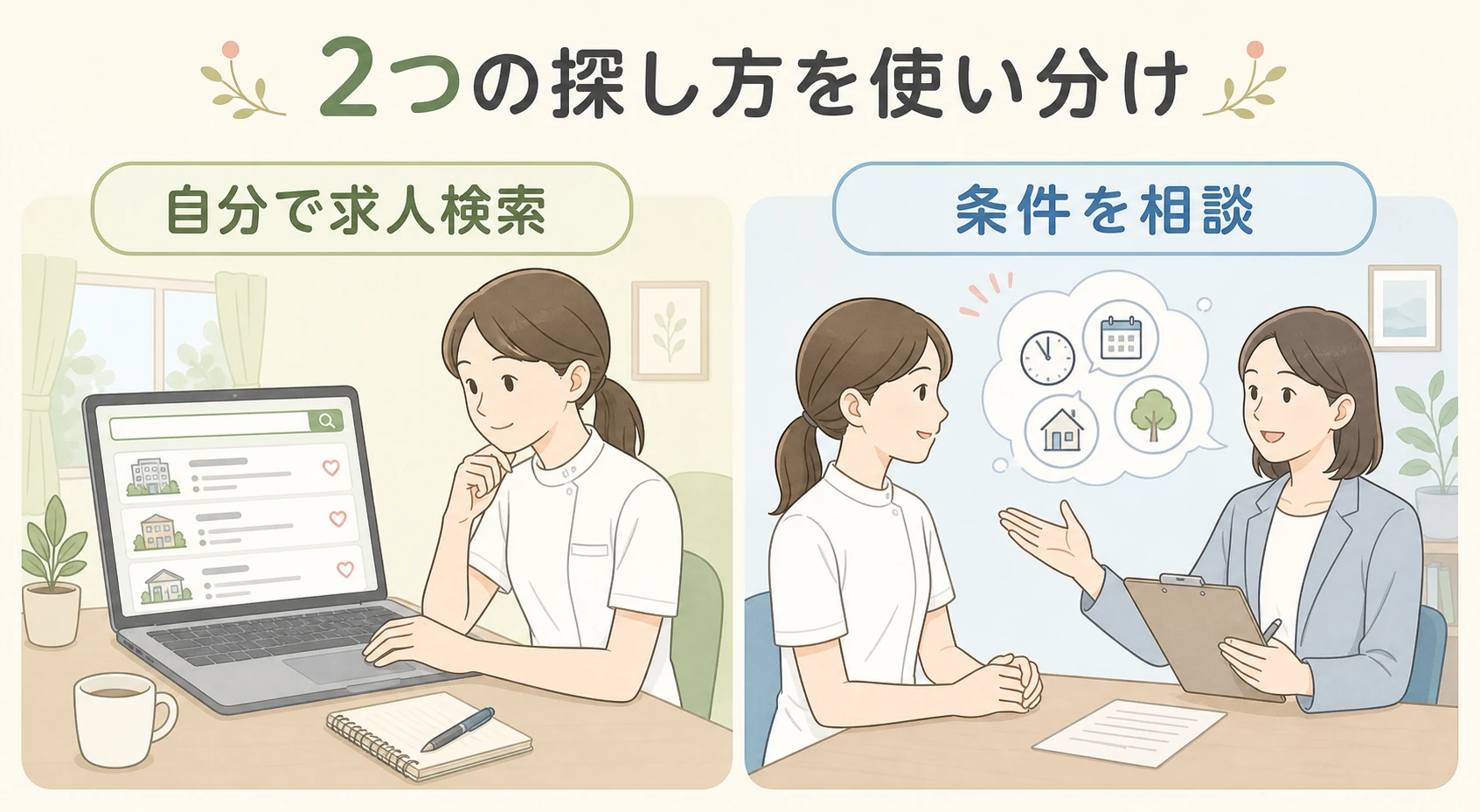 自分で求人検索と条件相談の2つの探し方を使い分けるリハ職