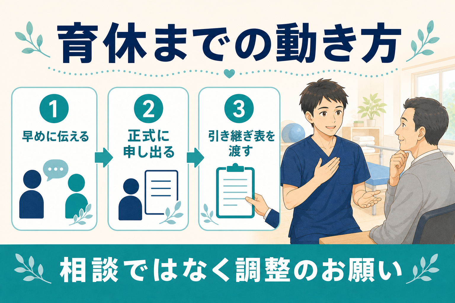育休までの動き方3ステップ(早めに伝える・正式に申し出る・引き継ぎ表を渡す)の図解